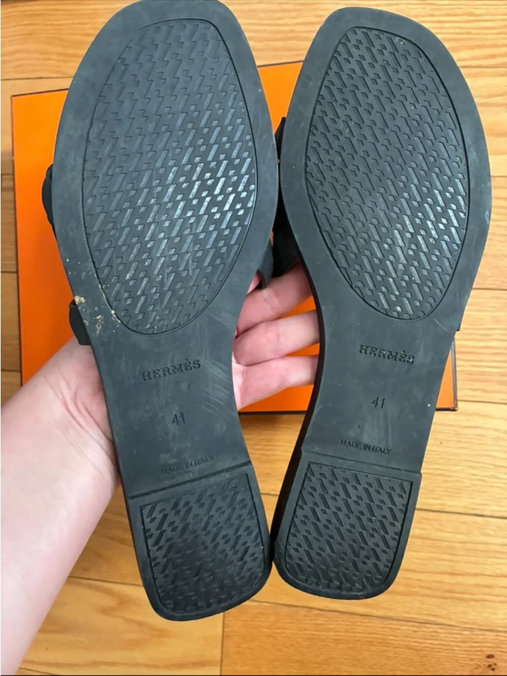 Hermes Black Leather Oran-Style Slide Sandals